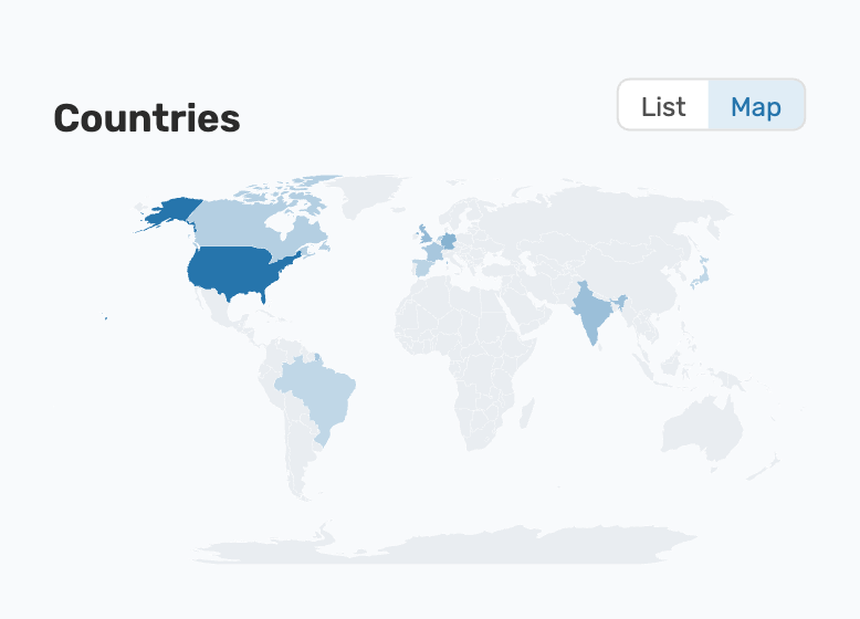 The Countries card as a world map, shaded darker where more visitors come from